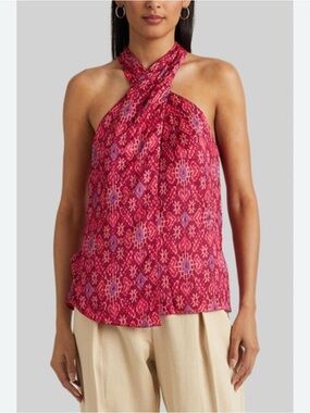 Ralph Lauren Pink Printed Halter Blouse Sleeveless Lined XXS